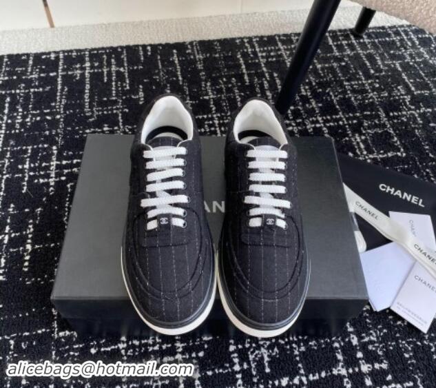 Good Quality Chanel Striped Wool Sneakers G46011 Navy Blue 1017073