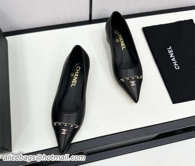 Popular Style Chanel Lambskin Pointed Pumps with Chain Black 1017079