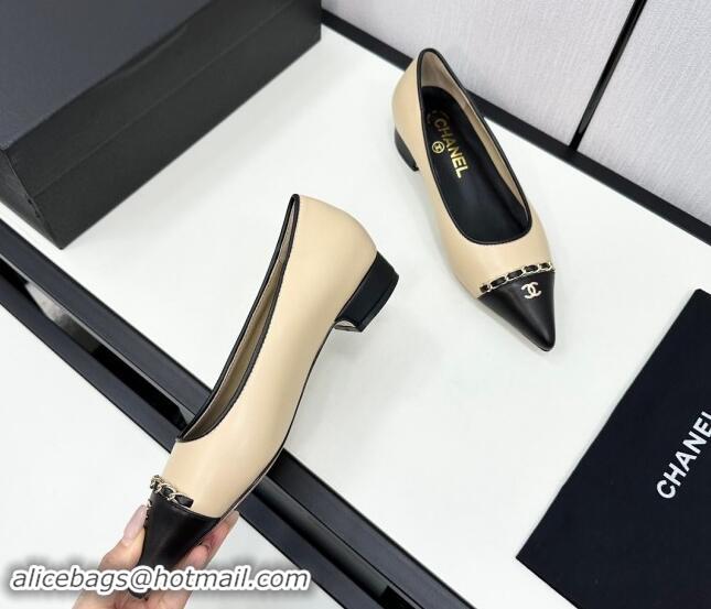 Trendy Design Chanel Lambskin Pointed Pumps with Chain Beige 1017080