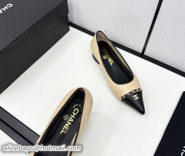 Trendy Design Chanel Lambskin Pointed Pumps with Chain Beige 1017080