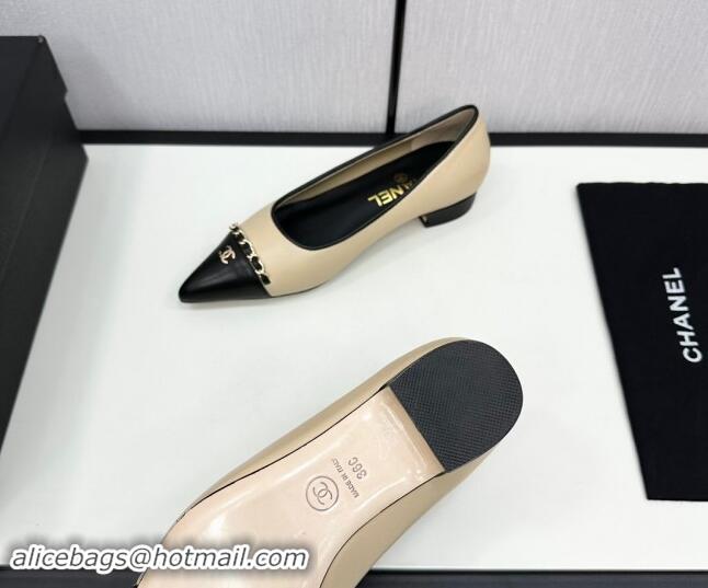 Trendy Design Chanel Lambskin Pointed Pumps with Chain Beige 1017080