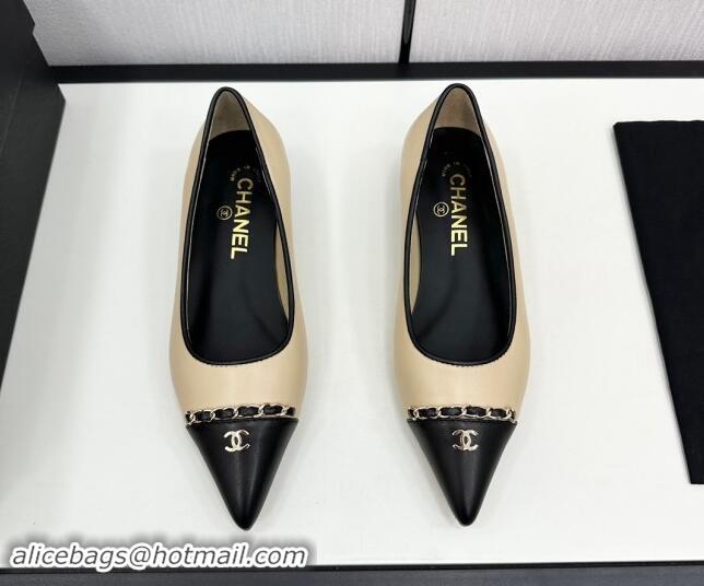 Trendy Design Chanel Lambskin Pointed Pumps with Chain Beige 1017080