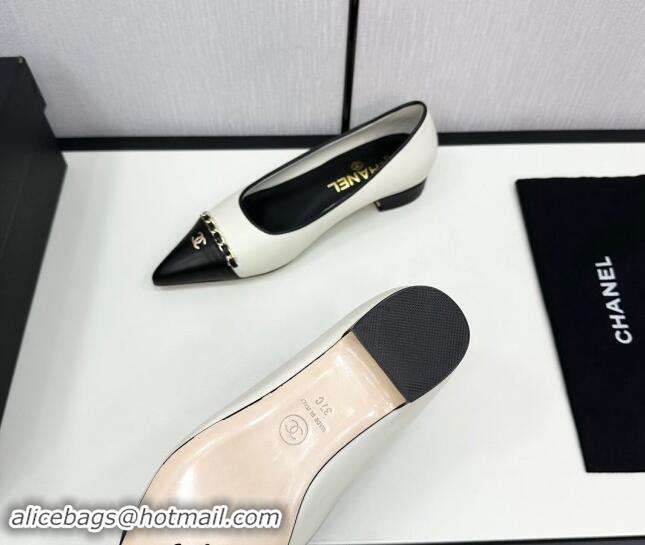 Buy Luxury Chanel Lambskin Pointed Pumps with Chain White 1017081