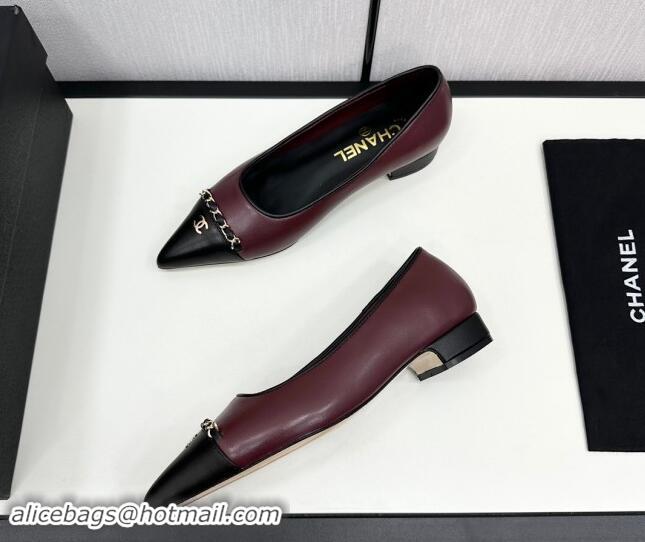 Charming Chanel Lambskin Pointed Pumps with Chain Dark Burgundy 1017082