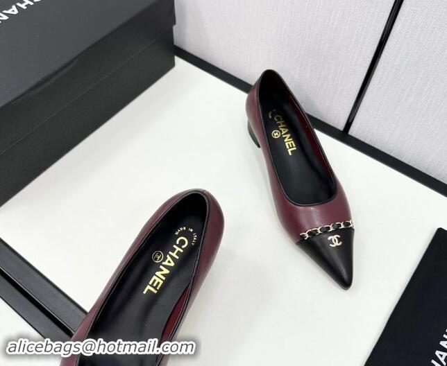 Charming Chanel Lambskin Pointed Pumps with Chain Dark Burgundy 1017082