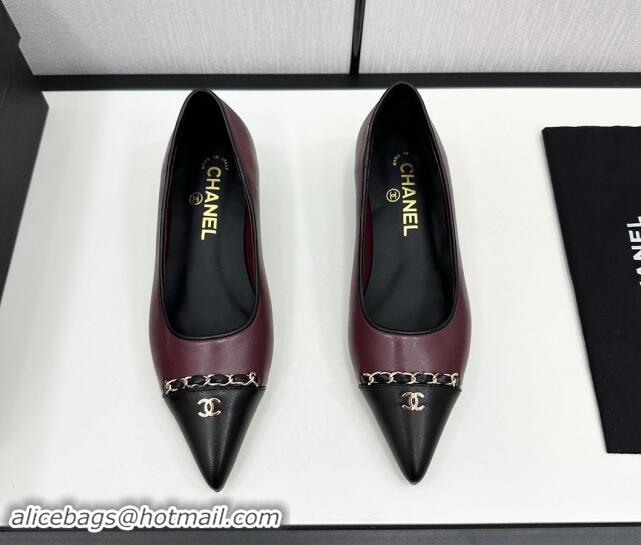 Charming Chanel Lambskin Pointed Pumps with Chain Dark Burgundy 1017082