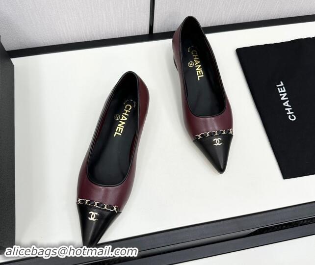 Charming Chanel Lambskin Pointed Pumps with Chain Dark Burgundy 1017082