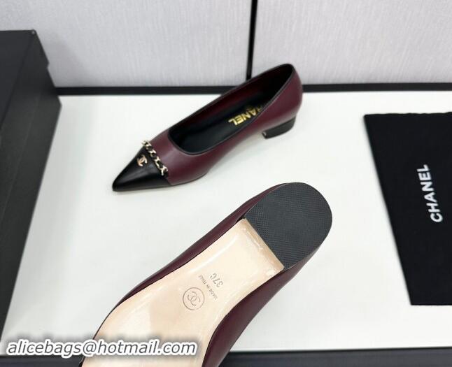 Charming Chanel Lambskin Pointed Pumps with Chain Dark Burgundy 1017082