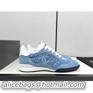 Shop Duplicate Chanel Dotted Denim & Suede Sneakers Blue 1017083