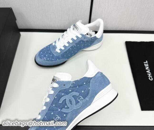 Shop Duplicate Chanel Dotted Denim & Suede Sneakers Blue 1017083