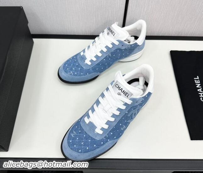 Shop Duplicate Chanel Dotted Denim & Suede Sneakers Blue 1017083