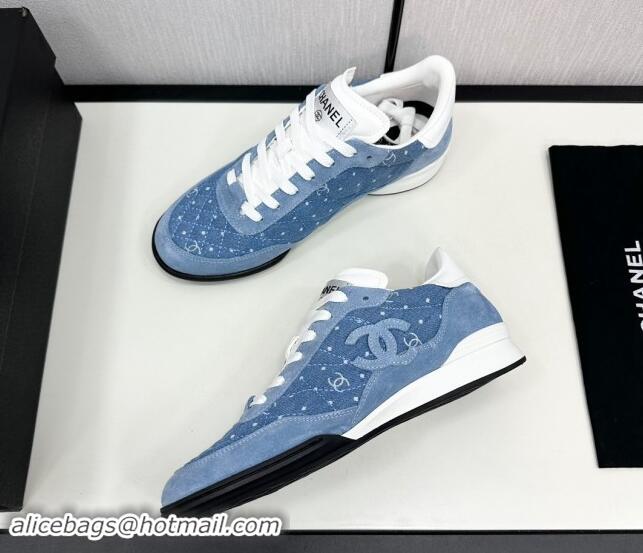 Shop Duplicate Chanel Dotted Denim & Suede Sneakers Blue 1017083