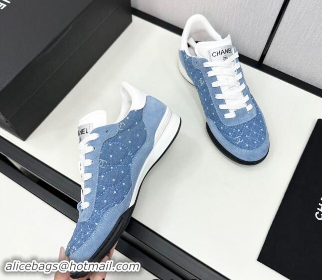 Shop Duplicate Chanel Dotted Denim & Suede Sneakers Blue 1017083