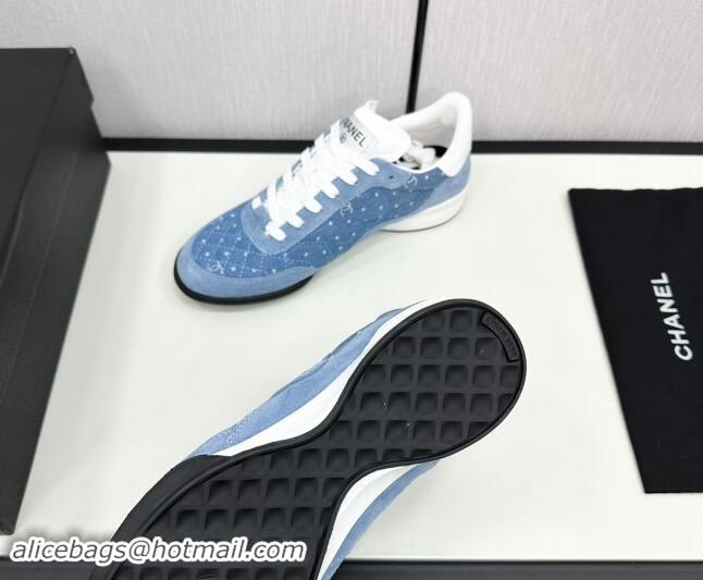 Shop Duplicate Chanel Dotted Denim & Suede Sneakers Blue 1017083