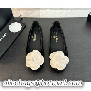 Grade Chanel Suede Ballet Flats with Velvet Camellia Bloom Black/White 1017086