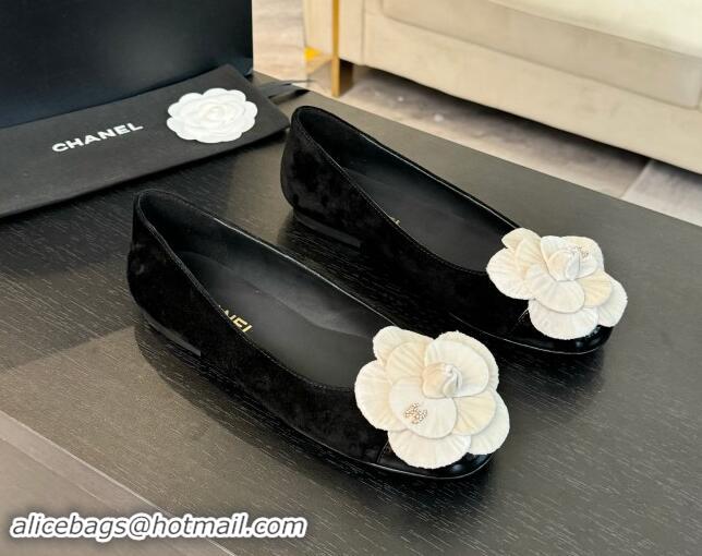 Grade Chanel Suede Ballet Flats with Velvet Camellia Bloom Black/White 1017086