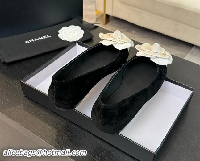 Grade Chanel Suede Ballet Flats with Velvet Camellia Bloom Black/White 1017086