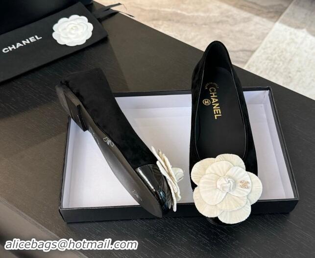 Grade Chanel Suede Ballet Flats with Velvet Camellia Bloom Black/White 1017086