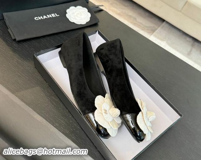 Grade Chanel Suede Ballet Flats with Velvet Camellia Bloom Black/White 1017086