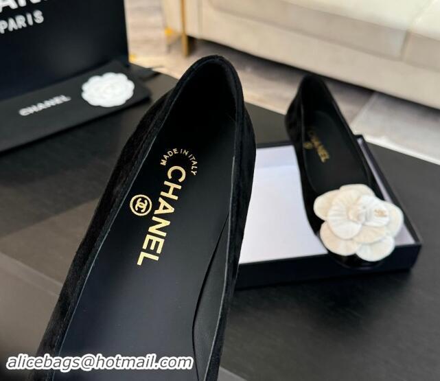 Grade Chanel Suede Ballet Flats with Velvet Camellia Bloom Black/White 1017086