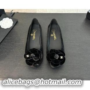 Sumptuous Chanel Suede Ballet Flats with Velvet Camellia Bloom Black 1017087