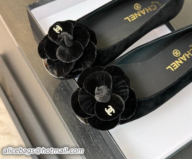 Sumptuous Chanel Suede Ballet Flats with Velvet Camellia Bloom Black 1017087