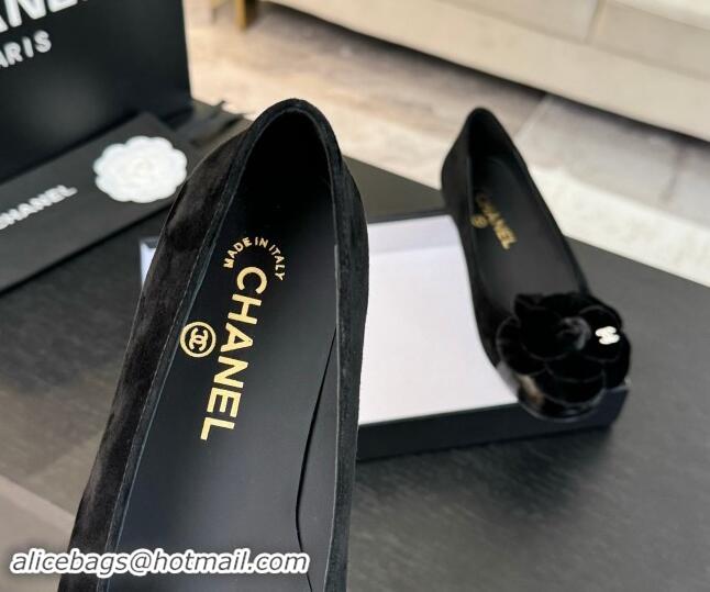 Sumptuous Chanel Suede Ballet Flats with Velvet Camellia Bloom Black 1017087