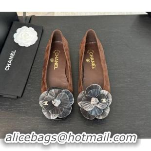 Luxurious Chanel Suede Ballet Flats with Velvet Camellia Bloom Brown/Grey 1017088