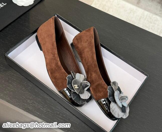 Luxurious Chanel Suede Ballet Flats with Velvet Camellia Bloom Brown/Grey 1017088