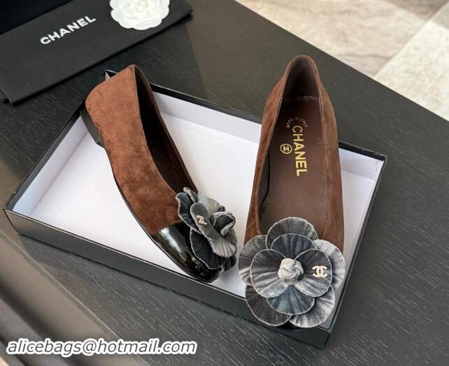 Luxurious Chanel Suede Ballet Flats with Velvet Camellia Bloom Brown/Grey 1017088