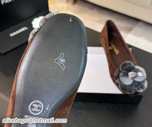 Luxurious Chanel Suede Ballet Flats with Velvet Camellia Bloom Brown/Grey 1017088