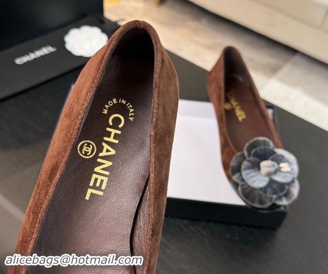 Luxurious Chanel Suede Ballet Flats with Velvet Camellia Bloom Brown/Grey 1017088