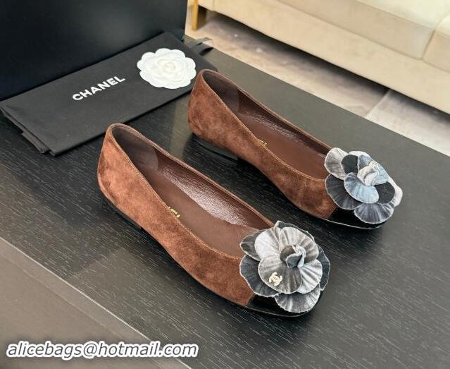 Luxurious Chanel Suede Ballet Flats with Velvet Camellia Bloom Brown/Grey 1017088