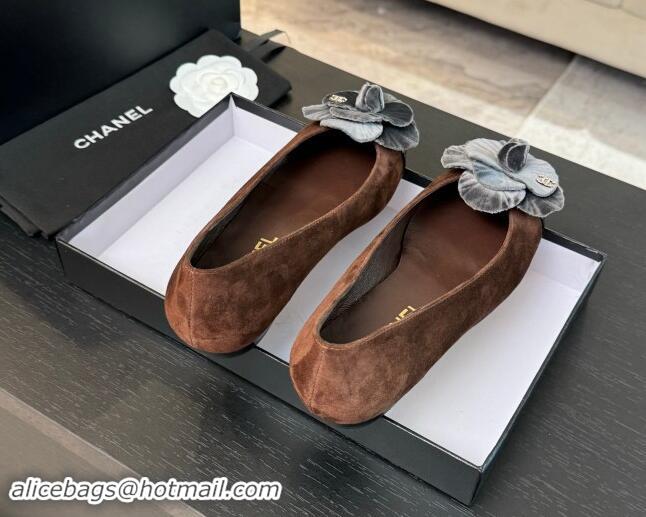 Luxurious Chanel Suede Ballet Flats with Velvet Camellia Bloom Brown/Grey 1017088