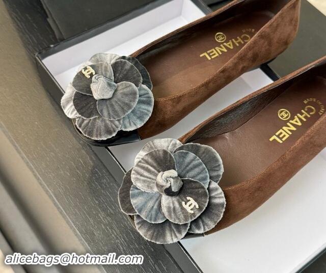 Luxurious Chanel Suede Ballet Flats with Velvet Camellia Bloom Brown/Grey 1017088