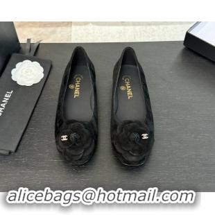 Pretty Style Chanel Suede Ballet Flats with Camellia Bloom Charm Black 1017089