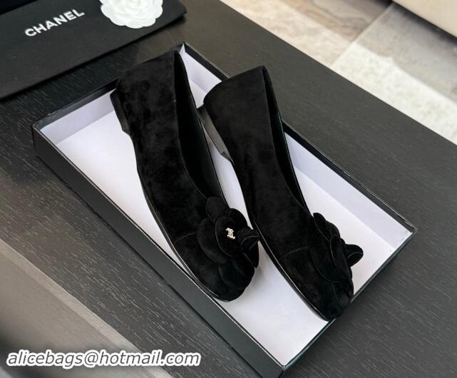 Pretty Style Chanel Suede Ballet Flats with Camellia Bloom Charm Black 1017089