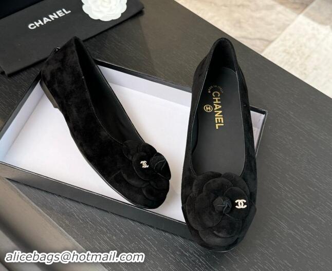 Pretty Style Chanel Suede Ballet Flats with Camellia Bloom Charm Black 1017089