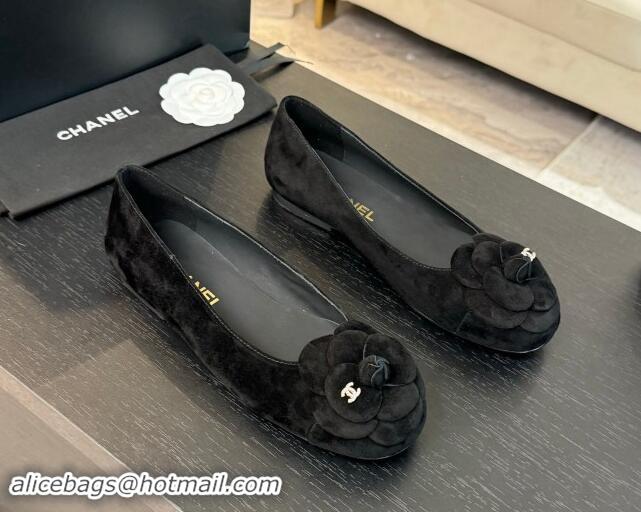 Pretty Style Chanel Suede Ballet Flats with Camellia Bloom Charm Black 1017089