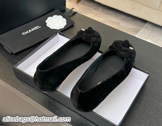 Pretty Style Chanel Suede Ballet Flats with Camellia Bloom Charm Black 1017089