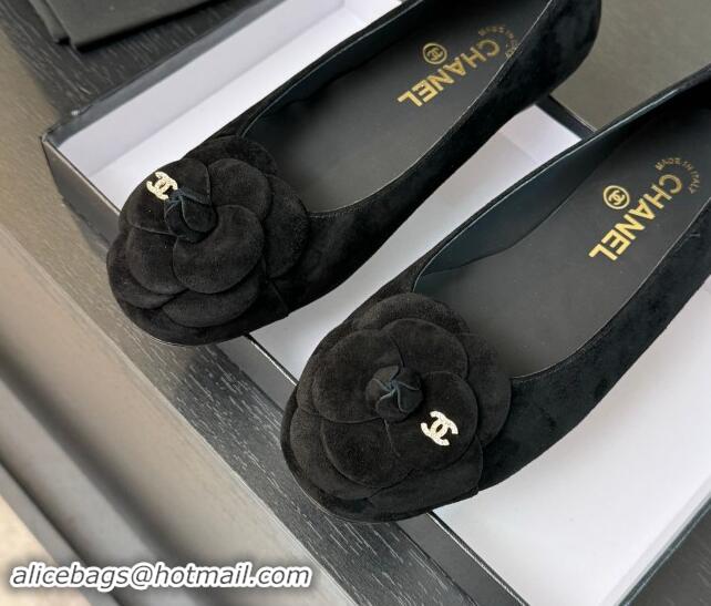 Pretty Style Chanel Suede Ballet Flats with Camellia Bloom Charm Black 1017089