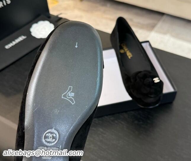 Pretty Style Chanel Suede Ballet Flats with Camellia Bloom Charm Black 1017089