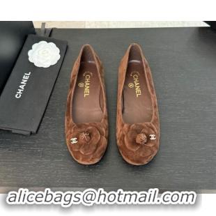 Best Price Chanel Suede Ballet Flats with Camellia Bloom Charm Brown 1017090