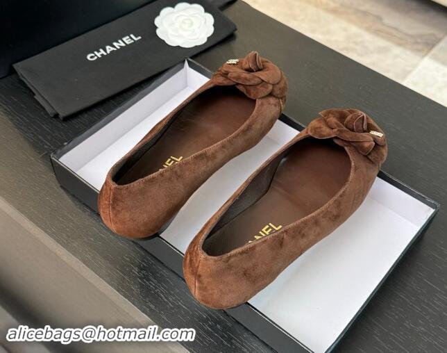 Best Price Chanel Suede Ballet Flats with Camellia Bloom Charm Brown 1017090