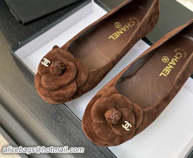 Best Price Chanel Suede Ballet Flats with Camellia Bloom Charm Brown 1017090