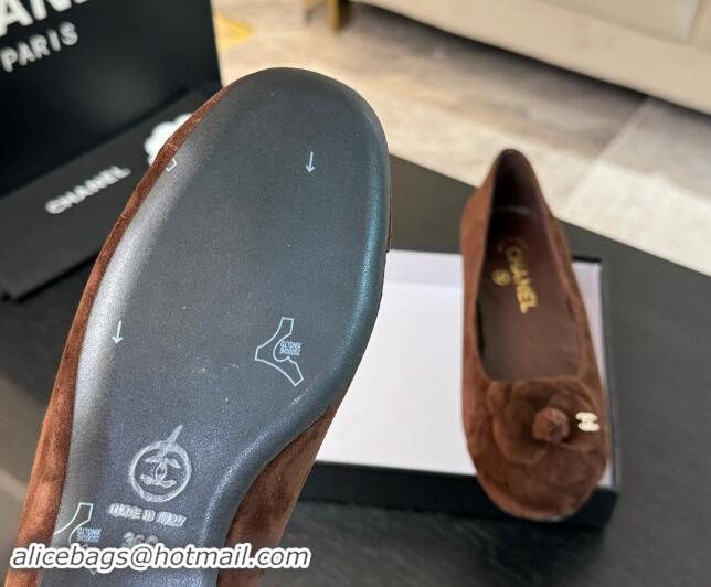 Best Price Chanel Suede Ballet Flats with Camellia Bloom Charm Brown 1017090