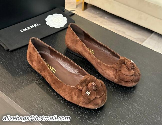 Best Price Chanel Suede Ballet Flats with Camellia Bloom Charm Brown 1017090