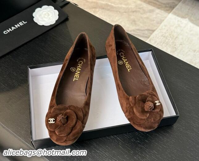 Best Price Chanel Suede Ballet Flats with Camellia Bloom Charm Brown 1017090