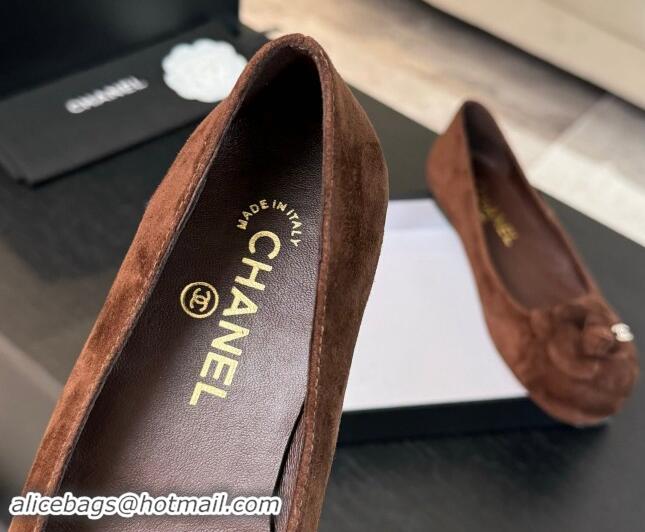 Best Price Chanel Suede Ballet Flats with Camellia Bloom Charm Brown 1017090