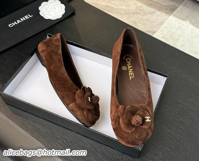 Best Price Chanel Suede Ballet Flats with Camellia Bloom Charm Brown 1017090